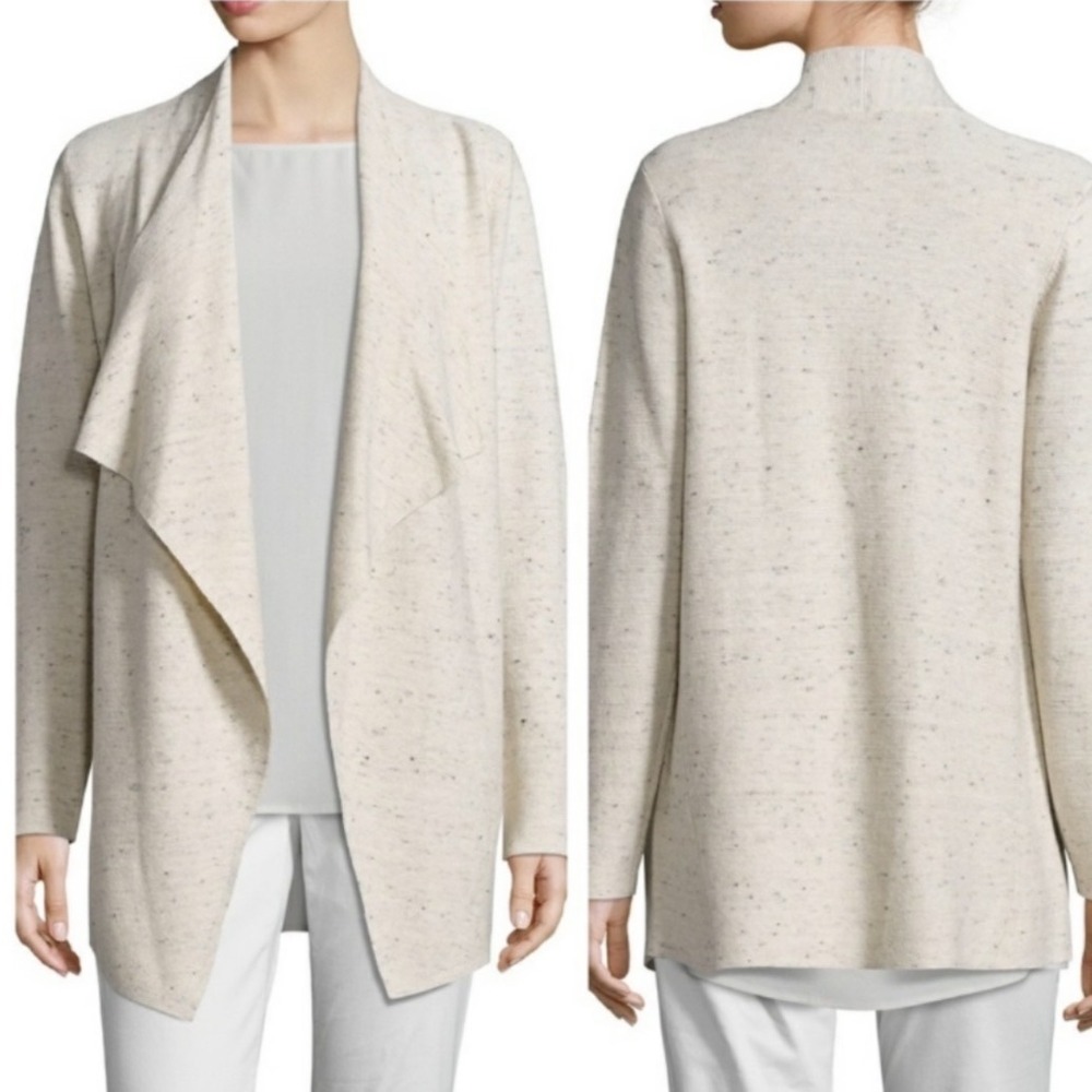 Eileen Fisher Ecru Peppered Casading Cardigan Womens S Wool Granola Lagenlook‎